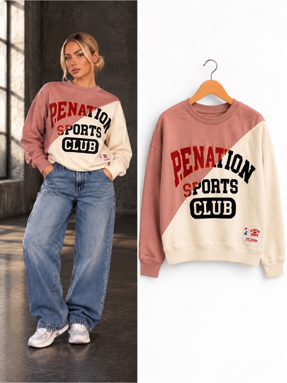 P.E Nation Sports Club Colorblock Crewneck Sweatshirt Dusty Rose/Cream Med